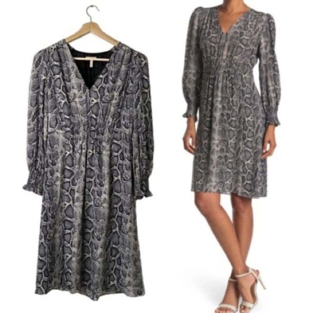 Rebecca Taylor Snake Skin Print Silk Smocked Long Sleeve V Neck Dress 6